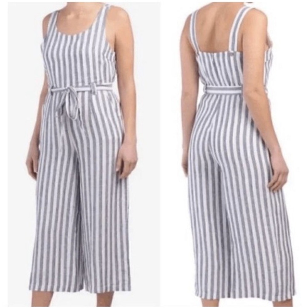 Rachel Zoe Linen Crop Jumpsuit Sz 6 Wide Leg Blue White Stripes Beach Boho City